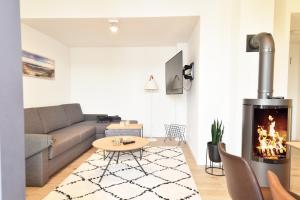 a living room with a couch and a fireplace at SPA Penthouse Meerlust in Baabe