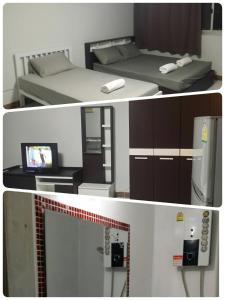 two pictures of a bedroom with a bed and a television at New Room in Nonthaburi