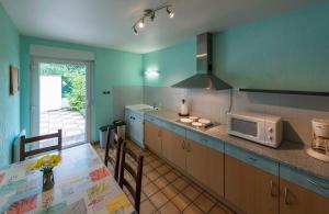 a large kitchen with a table and a microwave at Meublé Le Coin Tranquille in Saverne