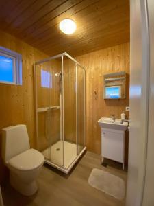 a bathroom with a shower and a toilet and a sink at Beindalsholt in Hella