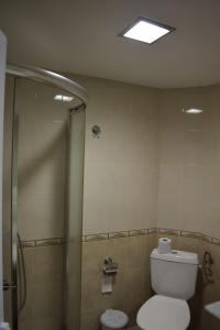 a bathroom with a toilet and a glass shower at Стаи за гости "Нина" in Velingrad +18 photos