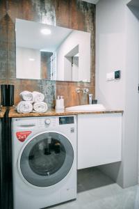 a kitchen with a washing machine and a sink at Vistula Terraces Apartment in Kraków