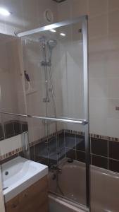 y baño con ducha, lavabo y bañera. en Hameau des Thermes - appartement rez de chaussée en Saint-Lary-Soulan