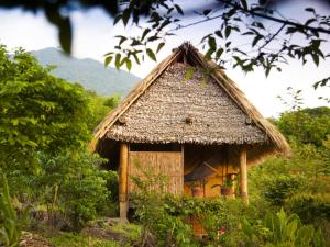 a small hut with a wooden roof and trees at Totoco Eco-lodge in Balgue