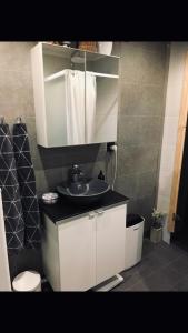 a bathroom with a sink and a mirror at Villa Lillgården with Sauna and Jacuzzi in Norrköping