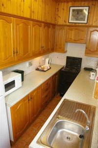 拉納克的住宿－倫德利度假小屋，厨房配有木制橱柜和水槽。