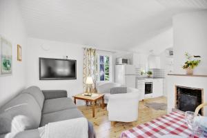 a living room with a couch and a fireplace at Ljugarn Semesterby in Ljugarn