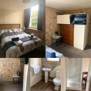 un collage de quatre photos d'une chambre d'hôtel dans l'établissement Crosskeys Inn Guest Rooms in Wye Valley, à Hereford