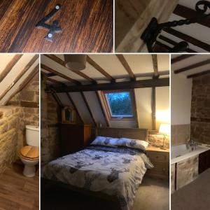Crosskeys Inn Guest Rooms in Wye Valley في هيريفورد: غرفة نوم بسرير ومرحاض في غرفة