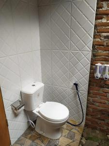 a bathroom with a white toilet in a room at Pele's Place in Sabang