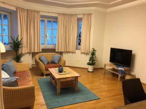 ein Wohnzimmer mit einem Sofa und einem TV in der Unterkunft Ferienwohnung Eiskögerl im Barbarahof in Bischofshofen