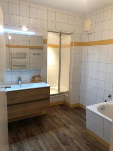 a bathroom with a tub and a sink and a mirror at Ferienwohnung Eiskögerl im Barbarahof in Bischofshofen