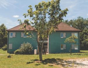 una casa verde con un árbol delante en Terres de France - Domaine de Claire Rive en Prayssac