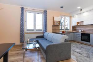 a living room with a couch and a kitchen at Apartament Amber z garażem moj-sopot pl in Sopot