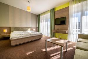 um quarto com uma cama, uma TV e um sofá em Hotel Lučivná em Lučivná