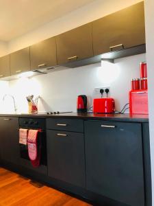 a kitchen with a black counter top with a red appliance at 1 Bedroom Flat in Sheffield City Centre-Sleeps 4 in Sheffield