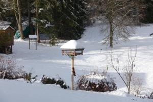 ein Vogelfutterhaus mit Schnee darauf in der Unterkunft Hollhouse - Bed & Breakfast in Hinterzarten