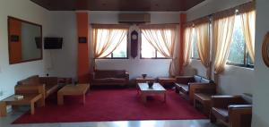 sala de estar con sofás, mesas y TV en Hotel Themisto, en Nikolaíika