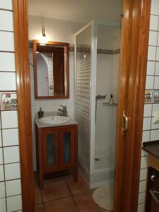 a bathroom with a sink and a shower with a mirror at Estudio en el centro de San Juan de Alicante in San Juan de Alicante