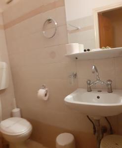 a bathroom with a sink and a toilet at Hotel Themisto in Nikolaíika