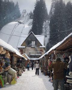 einen schneebedeckten Markt mit Leuten, die eine Straße entlang laufen in der Unterkunft Ансол in Worochta