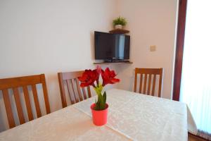 a table with a vase with red flowers on it at Apartment Zdenka in Njivice