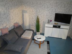 a living room with a couch and a tv at Übernachtung an der A2 in Braunschweig