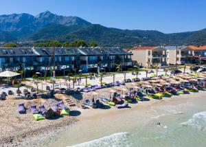 a beach with a bunch of chairs and umbrellas at Barocco Wave Hotel in Skala Potamias