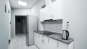 eine weiße Küche mit einer Spüle und einem Kühlschrank in der Unterkunft Rooms Śląska in Bydgoszcz