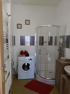 a bathroom with a shower and a washing machine at art-house 2 in Děčín