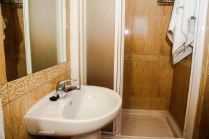 La salle de bains est pourvue d'un lavabo et d'une douche. dans l'établissement Pensión Numancia, à Madrid
