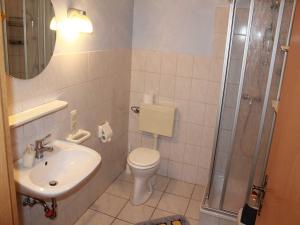 een badkamer met een toilet, een wastafel en een douche bij Ferienhof van Vlyten_ 45006 in Jemgum