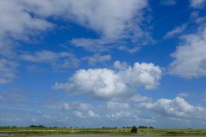 een vlieger in een blauwe lucht met wolken bij Ferienhof van Vlyten_ 45006 in Jemgum