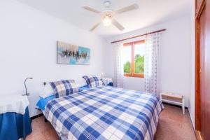 a bedroom with a blue and white checkered bed at Es Pins Gran in Font de Sa Cala