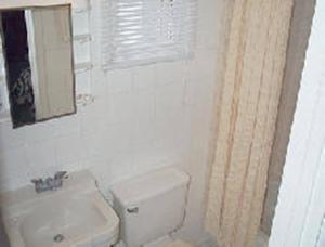 La salle de bains est pourvue de toilettes blanches et d'un lavabo. dans l'établissement Johnstown Motel, à Johnstown