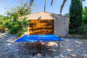 una mesa de ping pong azul frente a un garaje en Can Sua, en Artà