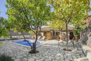 a backyard with a swimming pool and two trees at Ca'n Doi in Sóller