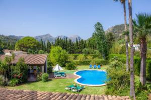 a backyard with a swimming pool and palm trees at Villa Can Curt in Pollença