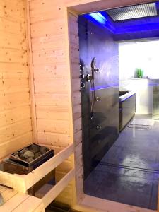 a bathroom with a shower in a wooden house at Luxus Spa auf tollem Anwesen in Neubulach