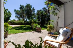 un patio con una silla y algunas plantas y árboles en Chalet Diferente, en Chiclana de la Frontera