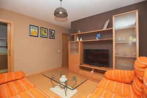 コニル・デ・ラ・フロンテーラにあるCasa Gilのリビングルーム(オレンジ色のソファ、テレビ付)