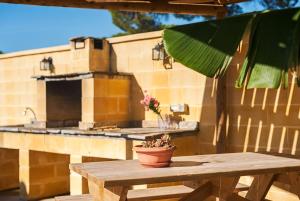 a wooden table with a potted plant on top of it at Las tres hermanas in Conil de la Frontera