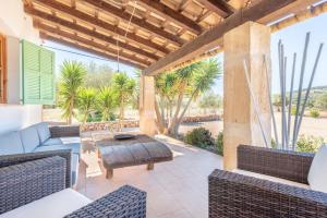 a patio with chairs and a table and palm trees at Casa Yolanda in Sant Llorenç des Cardassar