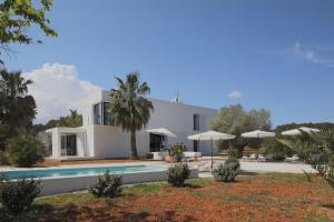 ein weißes Haus mit Swimmingpool und Palmen in der Unterkunft Sa Plana d´en Miquel in Sant Joan de Labritja