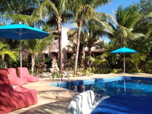 a pool with chairs and umbrellas next to a house at Villa Tortugas in Akumal