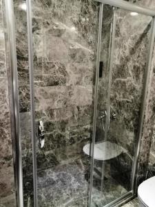 y baño con ducha y puerta de cristal. en MORAVA HOTEL en Estambul