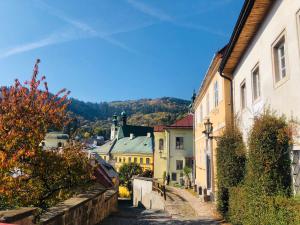 Blick auf eine Straße in einer Stadt mit Gebäuden in der Unterkunft Libling Podkrovný in Banská Štiavnica