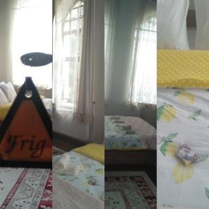 un collage de cuatro fotos de una habitación con cama en Frig Evi, en Sabuncu