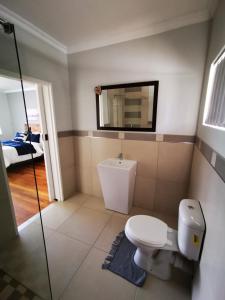 a bathroom with a toilet and a mirror on the wall at 420 on Cape in Port Elizabeth