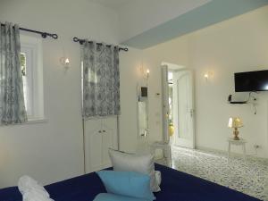 een slaapkamer met een blauw bed en een televisie bij Maison de charme Villa Mavi in Praiano
